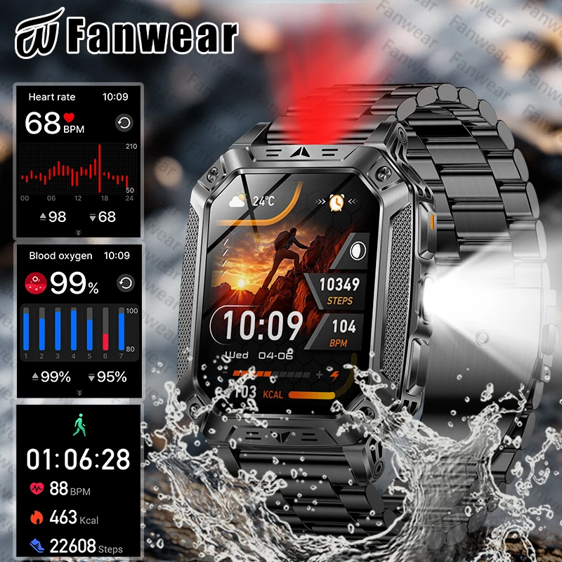 

2026 military sturdy smart watch 1400Mah battery fitness tracking 10ATM waterproof tactical sports flashlight men's mobile phone