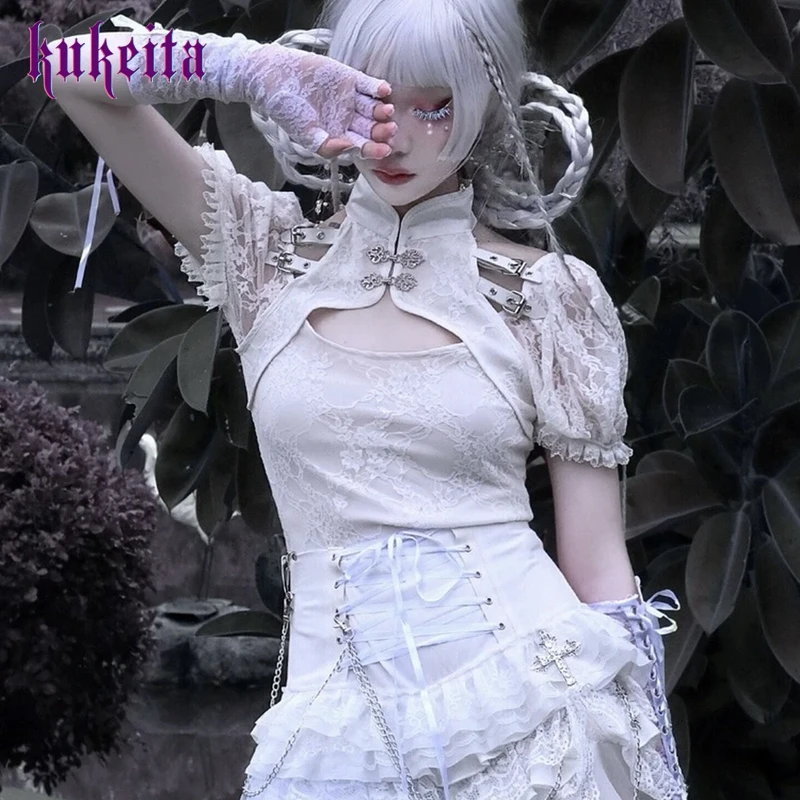 Gothic Lolita Mesh Trim Buckle Tops Sexy Lace Punk Slim Puff Sleeve Top Y2K Pullover Alt T-shirts Women's Hollow out Crop Tops