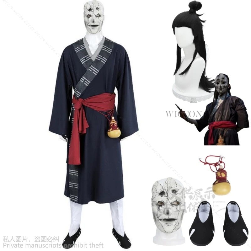 2024 Neues Spiel Black Myth: Wukong Mi Taoist Cosplay Kostüm Perücke Blaue Robe Uniform Maske Schuhe Komplettset Erwachsener Mann Halloween Anzug