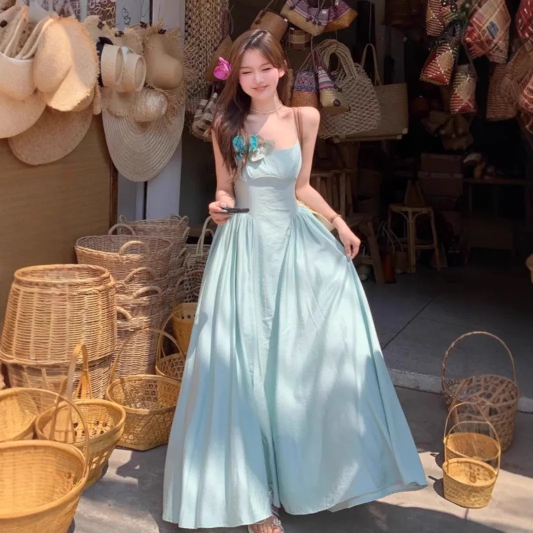 

Summer Dress Elegant Suspender Dress Fairy Summer Classy Seaside Vacation Waist Beach Long Dresses Female Clothing