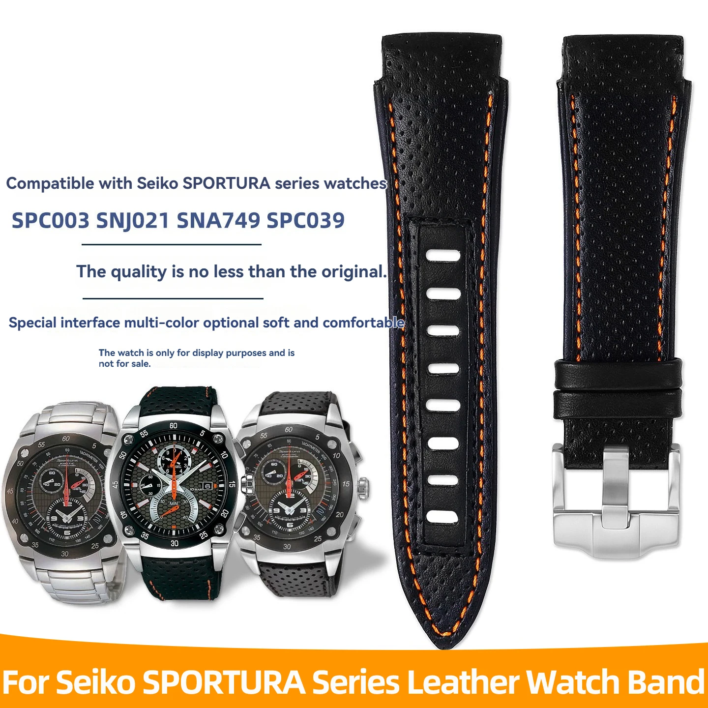 

Black Orange Stitching Leather Watch Band For Seiko Sportura SPC001 SPC003 SNJ021 SNA749 SPC039 SPC057J1 Replacement Strap