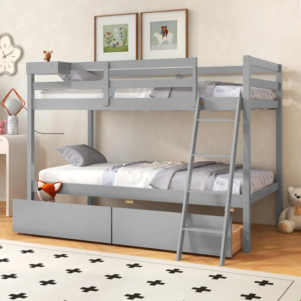 

Bunk Bed Twin Over Twin with 2 Storage Drawers, Solid Wood Bunk Bed Frame with Storage Cube, Guardrails, Ladder, No Box Sp