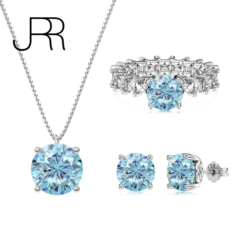 JRR New Arrival Pure 925 Sterling Silver Fashion Round 5A CZ Pink Blue Stone Pendant Cute Women Fine Jewelry Set Girl's Gift