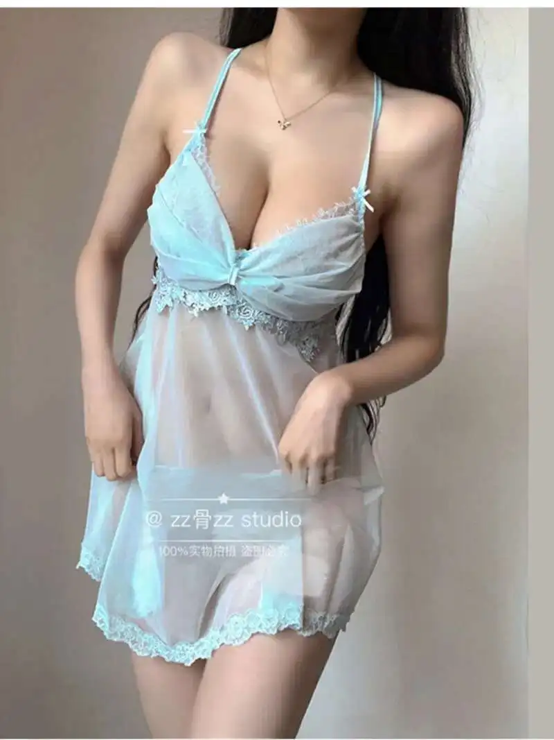 WOMENGAGA Summer New V-Neck Sexy Mesh Transparent Splice Spicy Girl Open Back Strap Mini Dress Blue Hot Sexy Korean Women K4O6