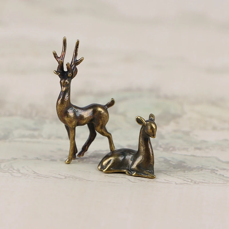 Copper Alloy Sika Deer Tabletop Small Ornaments Vintage Animal Figurines Desk Decorations Accessories Parts Home Decor Crafts