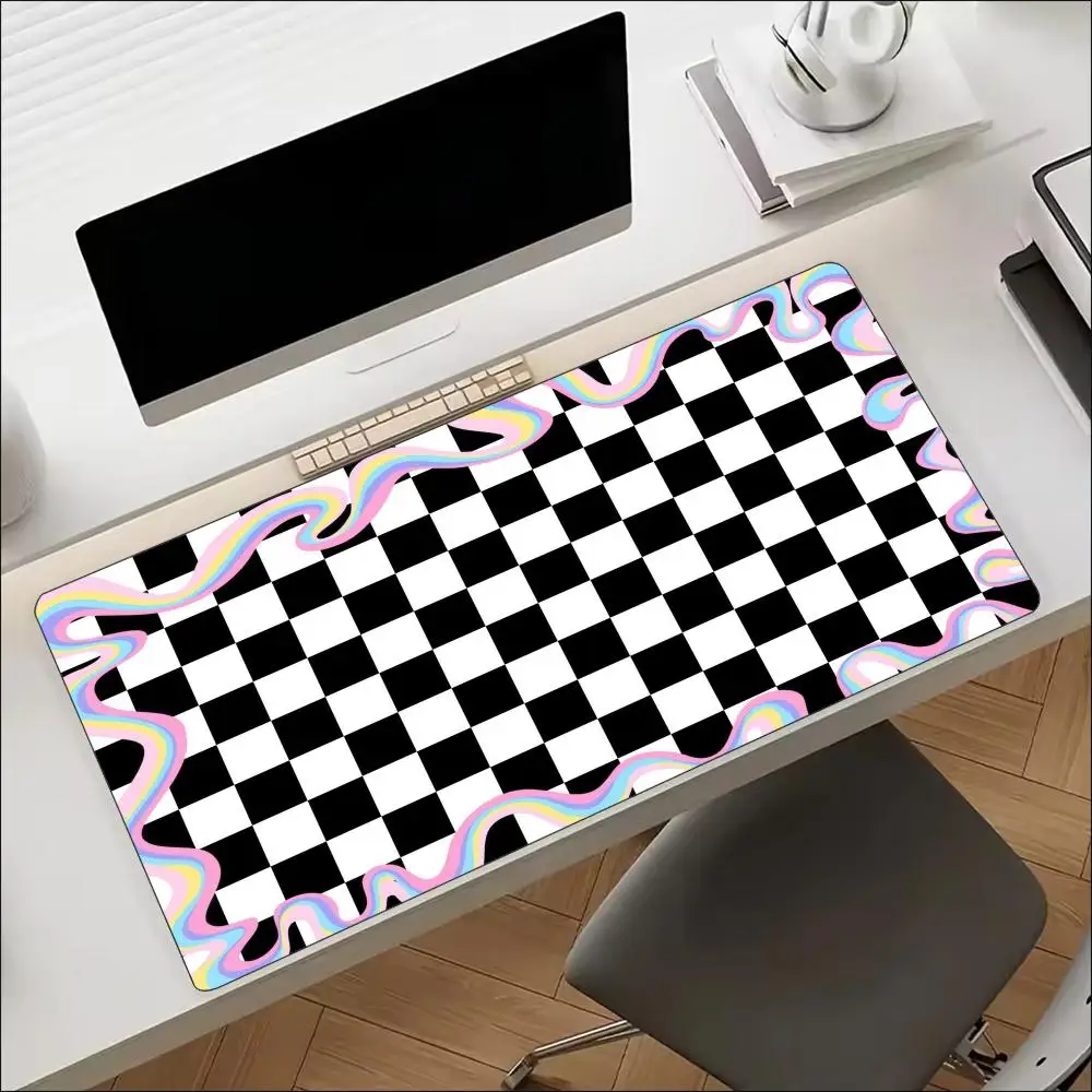 Neon Rainbow Black White Checkerboard Y2K Stars Oversized Gaming Mouse Pad Non Slip Rubber Base Desk Mat for Kawaii Style