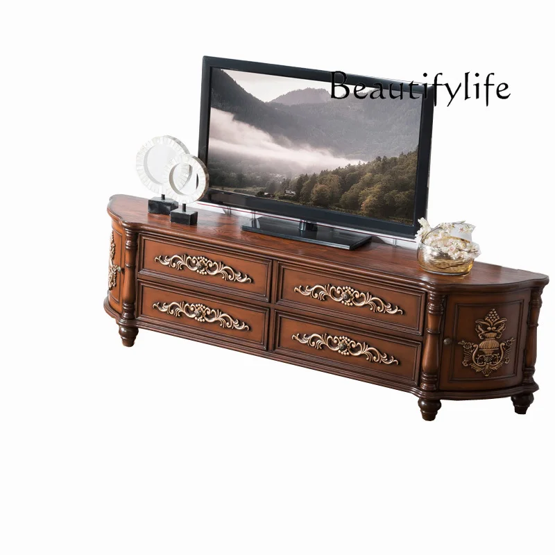 American-Style Solid Wood Retro TV Cabinet and Tea Table Combination Storage Floor Cabinet Storage Painted TV Cabinet