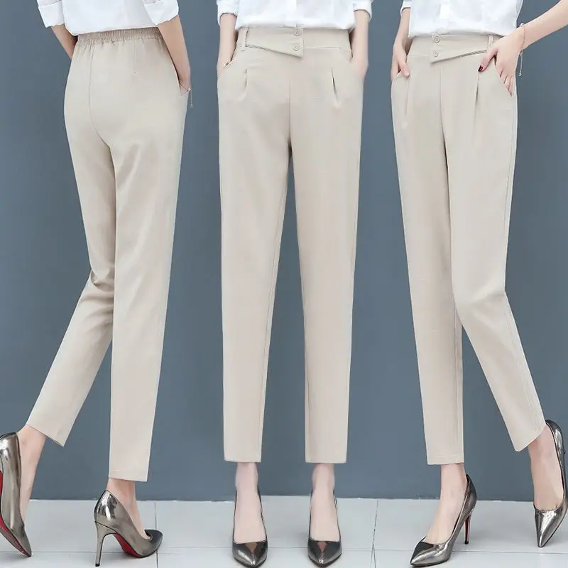 Temperament Spring Summer Thin Pants New Women Elastic Waist Pockets Button Fashion Office Lady Slim Ankle Length Haren Trousers