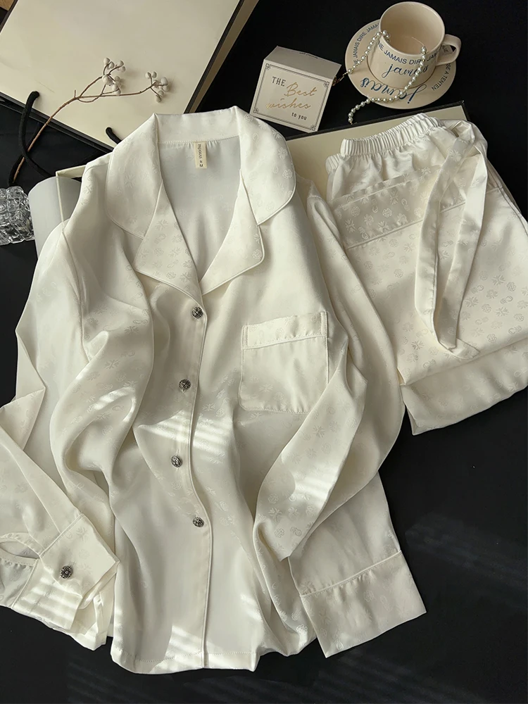 2025 Autumn New Dark Pattern Jacquard Ice Silk Long-sleeved Pajama Set Casual Comfortable Skin-friendly Outdoor Loungewear Women