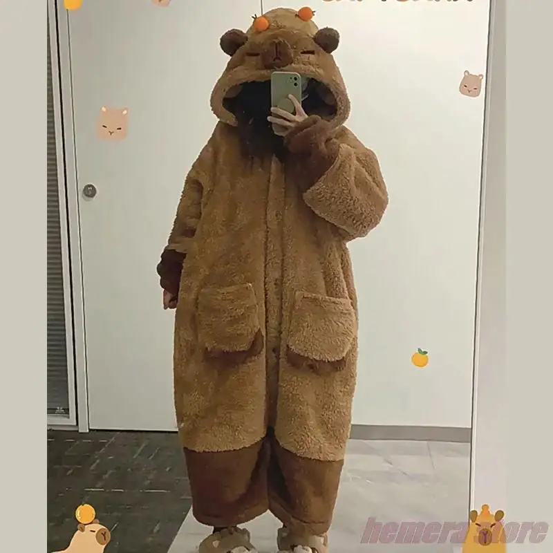 Capybara Pajamas Soft Cute Animals Shape Blanket Unisex For Adult Coral Velvet Warm Capybara Cosplay Loose Onesie Pajamas Pants