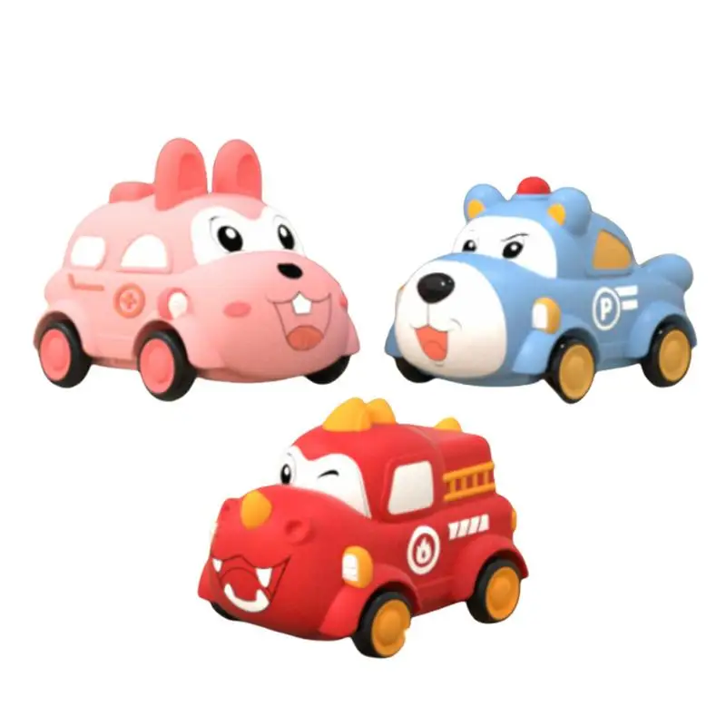 

Small Car For Kids 3 Pieces Educational Cartoon Pull-Back Mechanism Tiny Toy Car Soft Rubber Vehicles Set For Home Kindergarten