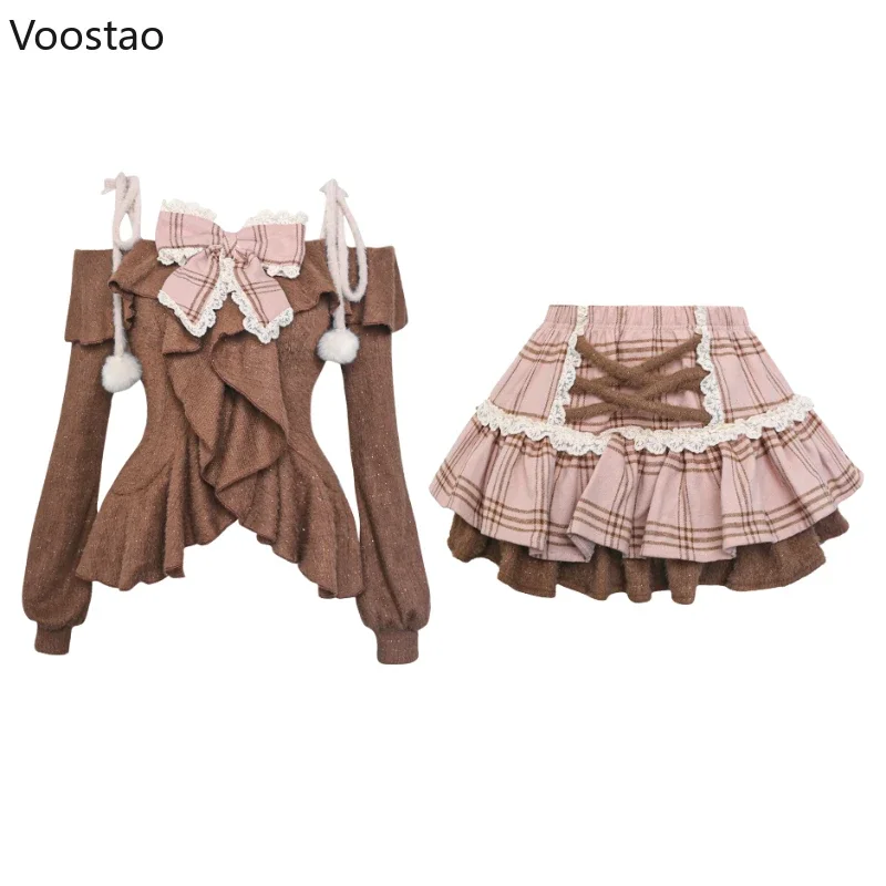 Japanese Sweet Lolita 2 Piece Sets Women Retro Off Shoulder Bow Blouse Tops Plaid Cake Mini Skirt Girls Kawaii Y2k Slim Outfits