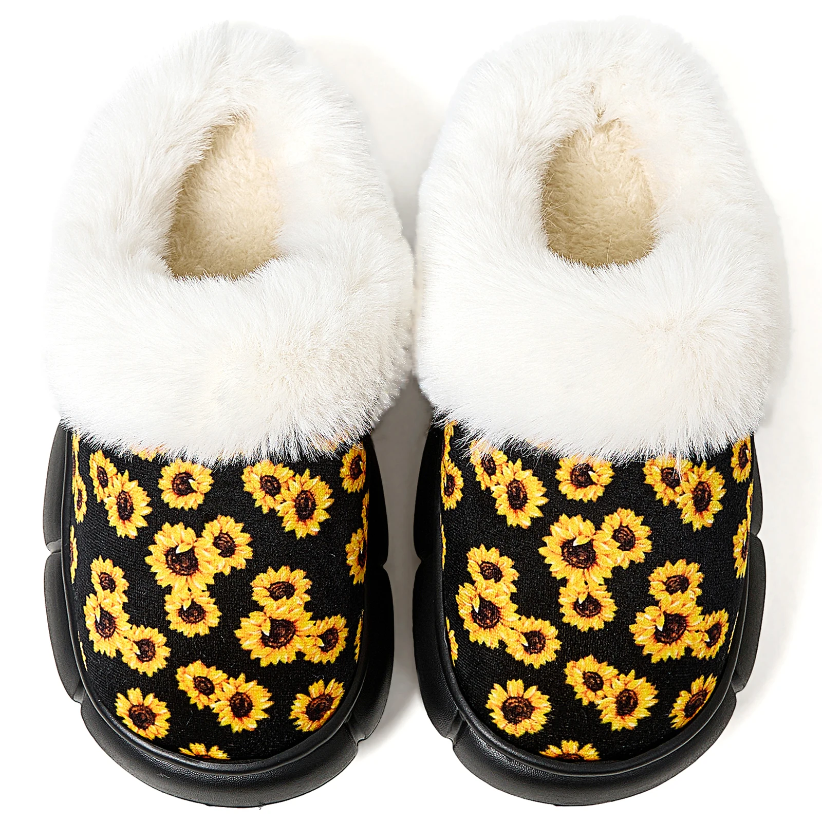 Women's Fluffy Slippers Memory Foam Sunflower Fur Collar Warm Cozy Indoor Outdoor Slip On Non Slip Shoes