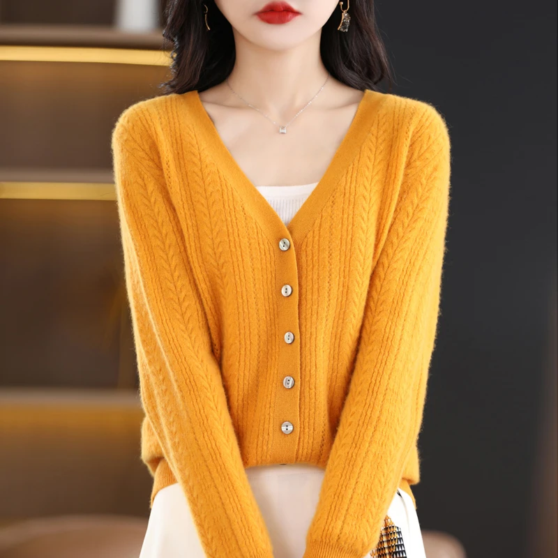 100% Wool Cardigan Womens Clothing V-neck Sweater Female Long Sleeve Tops Knitted Korean Fashion Warm New In Outerwear Cardigan