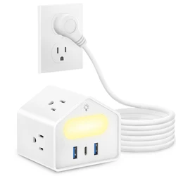 Power board Surge protector, US Gauge 18W USB C, 6-foot extension cord, multiple outlets, white with night light