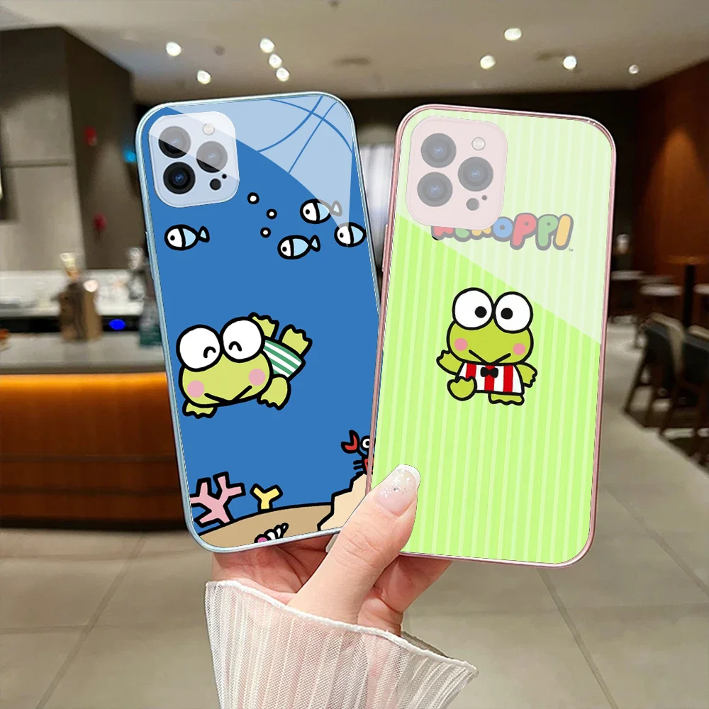 Sario K-Keroppi Phone Case For IPhone 15 14 13 12 Mini 11 Pro Max X XS XR 6 7 8 SE Plus Glass Hard Cover