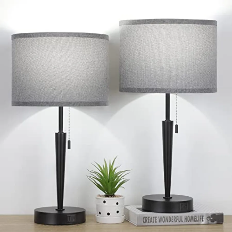 

Set of 2 Bedside Lamp Pull Chain Big Table Lamps with USB C+A Charging Ports 5000K LED Bulbs Grey Lampshade for Livingroom Bedr