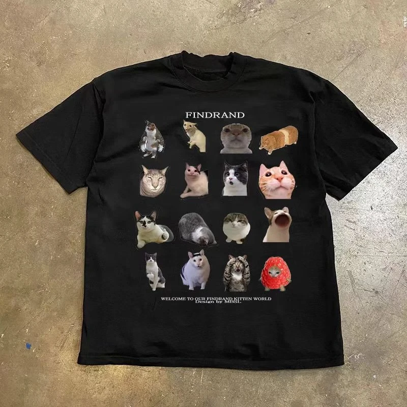 Una versión condensada de la camiseta del paquete Emoji del gato, Top informal Harajuku, camiseta gráfica divertida