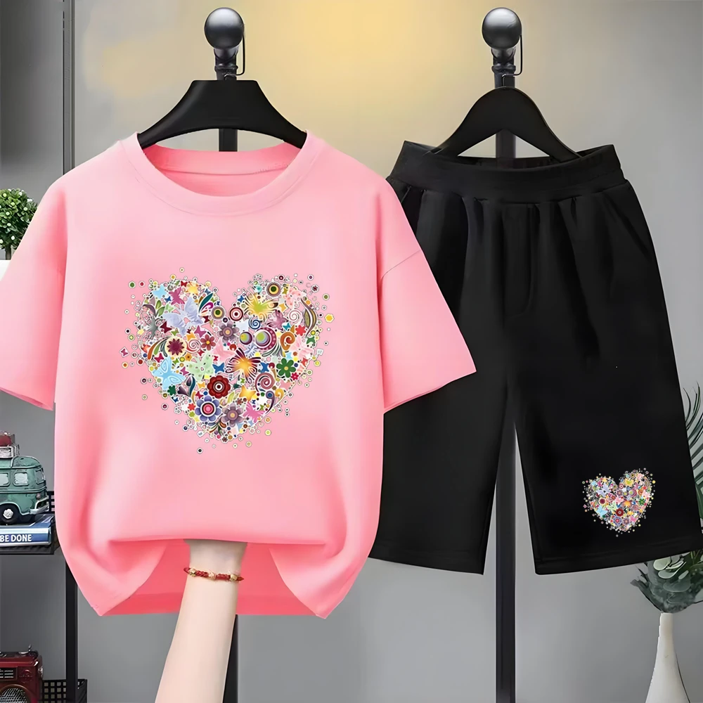 Children white Floral heart-shaped print Summer Clothing Tshirt+Shorts Girl Toddler 3-12Yrs Short-Sleeved cool leisure Set