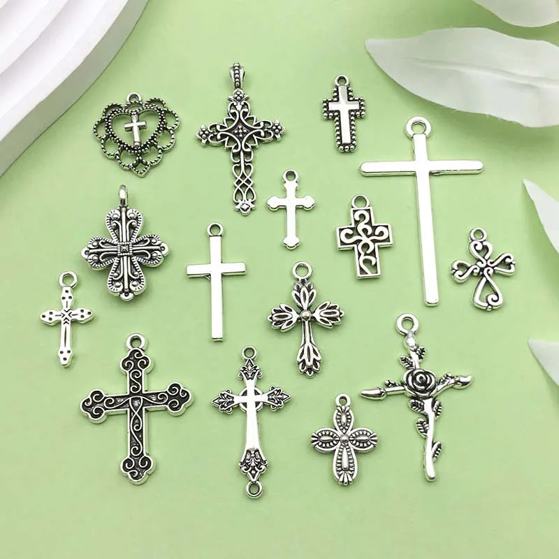 10/15 stücke legierung Antik Silber Crossoss Charms gravierte Anhänger für DIY Armband Halskette Schmuck Herstellung Zubehör