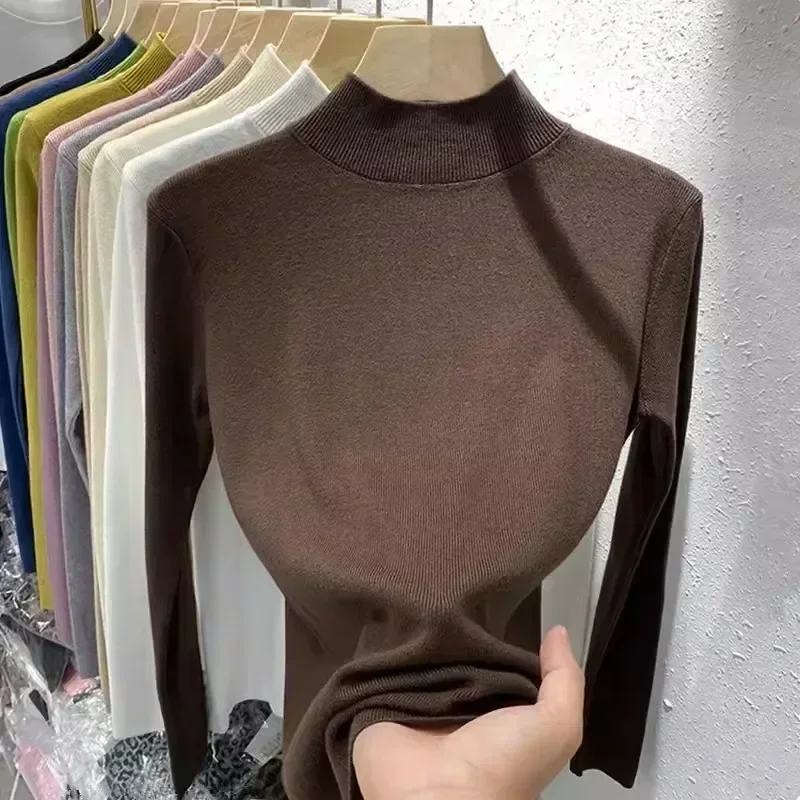Поп-наполувысокий однотонный свитер для женщин, тонкий пуловер на осень и зиму, контрактный пригородный базовый трикотаж, верхняя основа