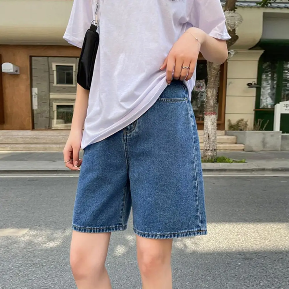 

Women Knee Length Jeans A-line Adjustable Buttoned Waist Zipper Closure Pockets Vintage Lady Denim Shorts Casual Short Pants