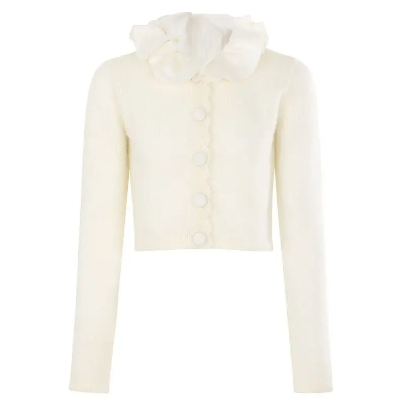 

High-End Spring Autumn New Style Quality Long Sleeve Short Flower round Neck Knitted Top Fashion Open Cardigan Outerwear