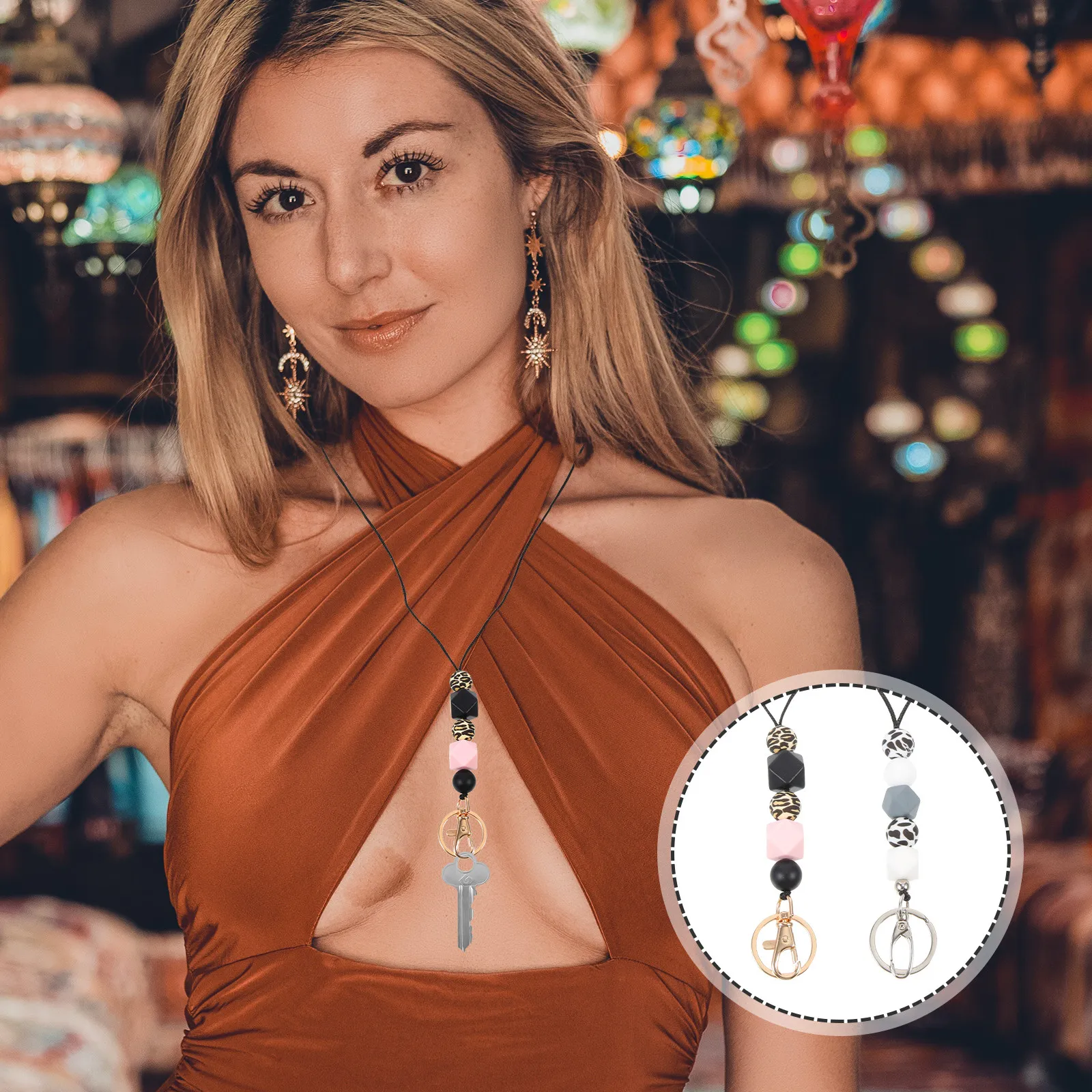 

2Pcs Anti-Loss Lanyard Keychain Necklace Silicone Bead Lanyard for Keys Phone Id Badge Holder Wear-Resistant Comfortable Smooth