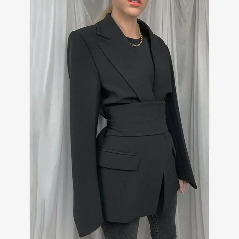 Faionable لون نقي بدلة غير رسمية للنساء ربيع 2024 الشارع Sle المحملة زر الكفة طويلة Sve منتصف طول حزام Faionable #2