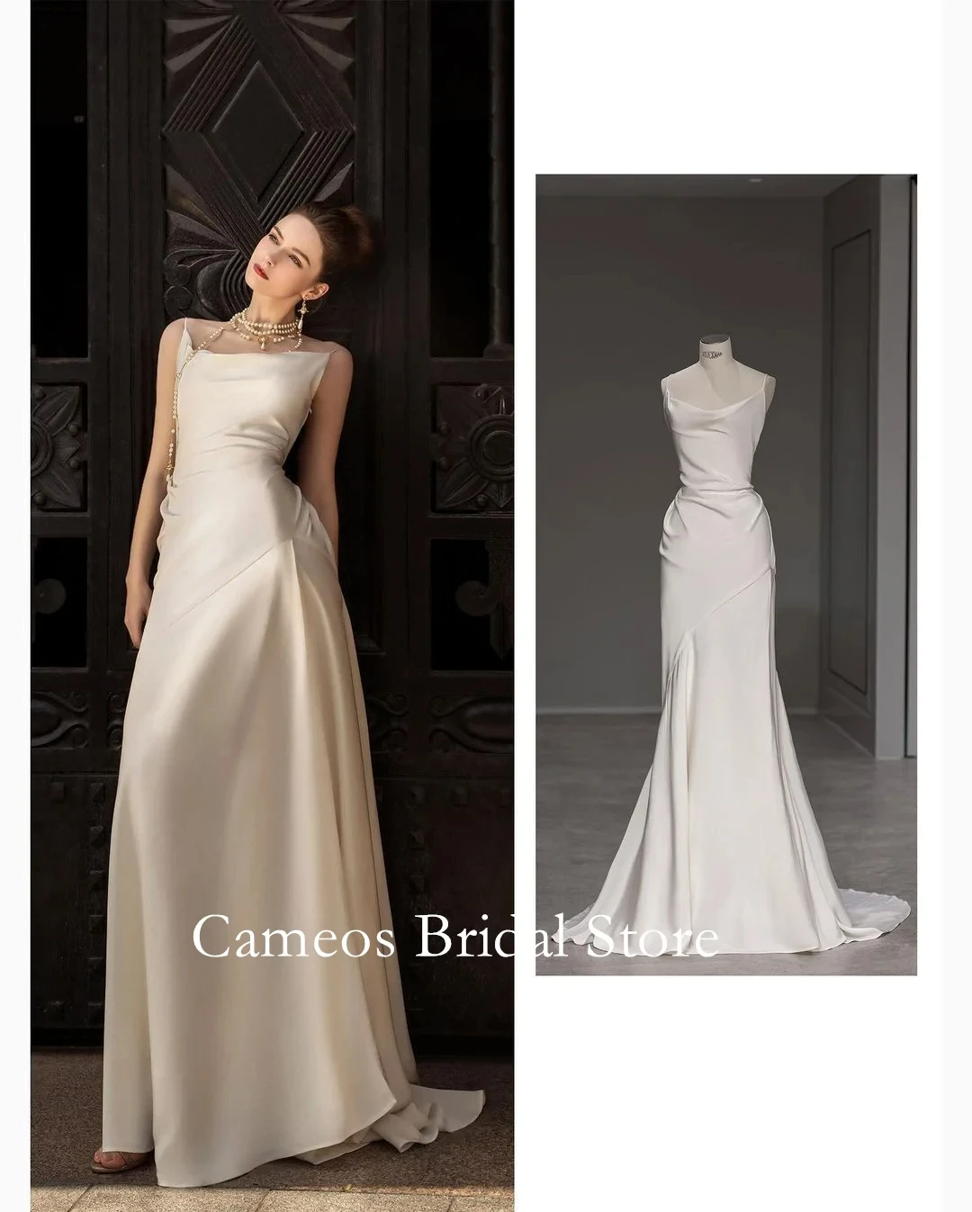 

SONDR Silk Satin Korea Spaghetti Straps Elegant Wedding Dress Custom Made Bride Dress 웨딩드레스 Sexy Slit Ivory Wedding Gown Bridal