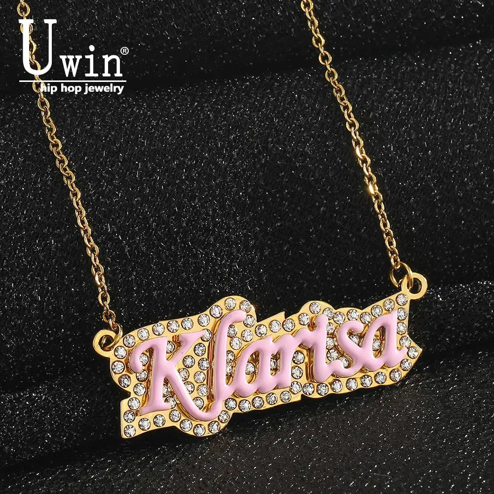 

Uwin Name Necklace Stainless Steel Rhinestone Enamel Pendant Personalized Custom Color Pink White Bule Chain Gift