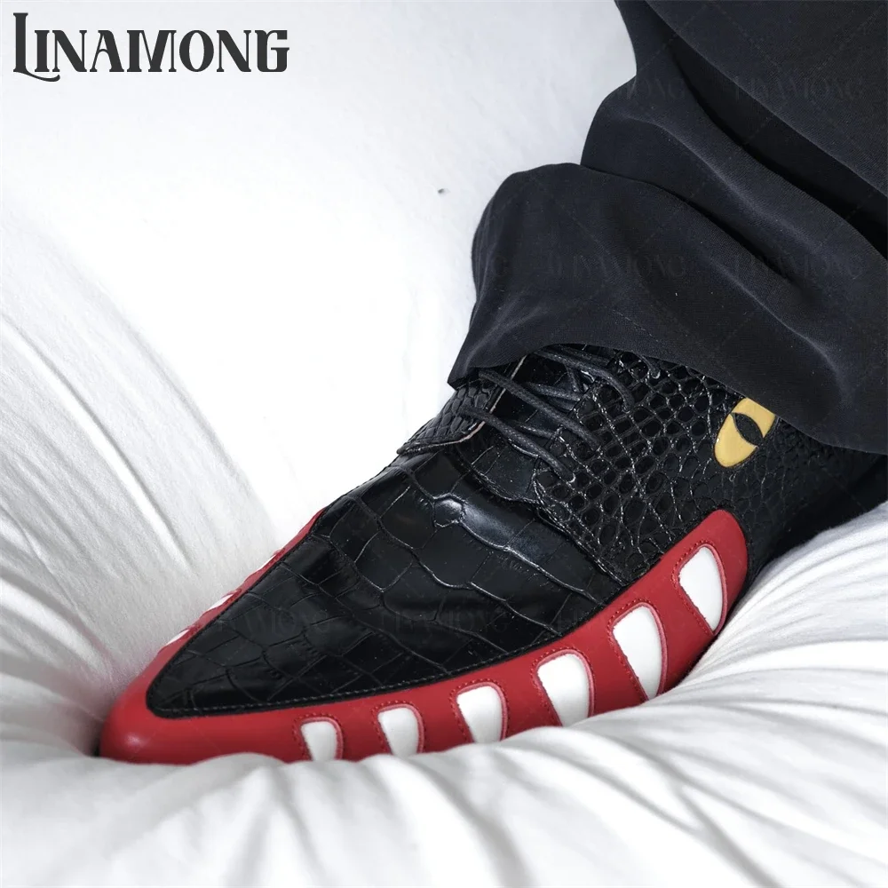 

Туфли оксфорды с тиснением под крокодила, с острым носком, на шнуровке, с разноцветной строчкой, деловые туфли, мужские кожаные туфли ручной работы