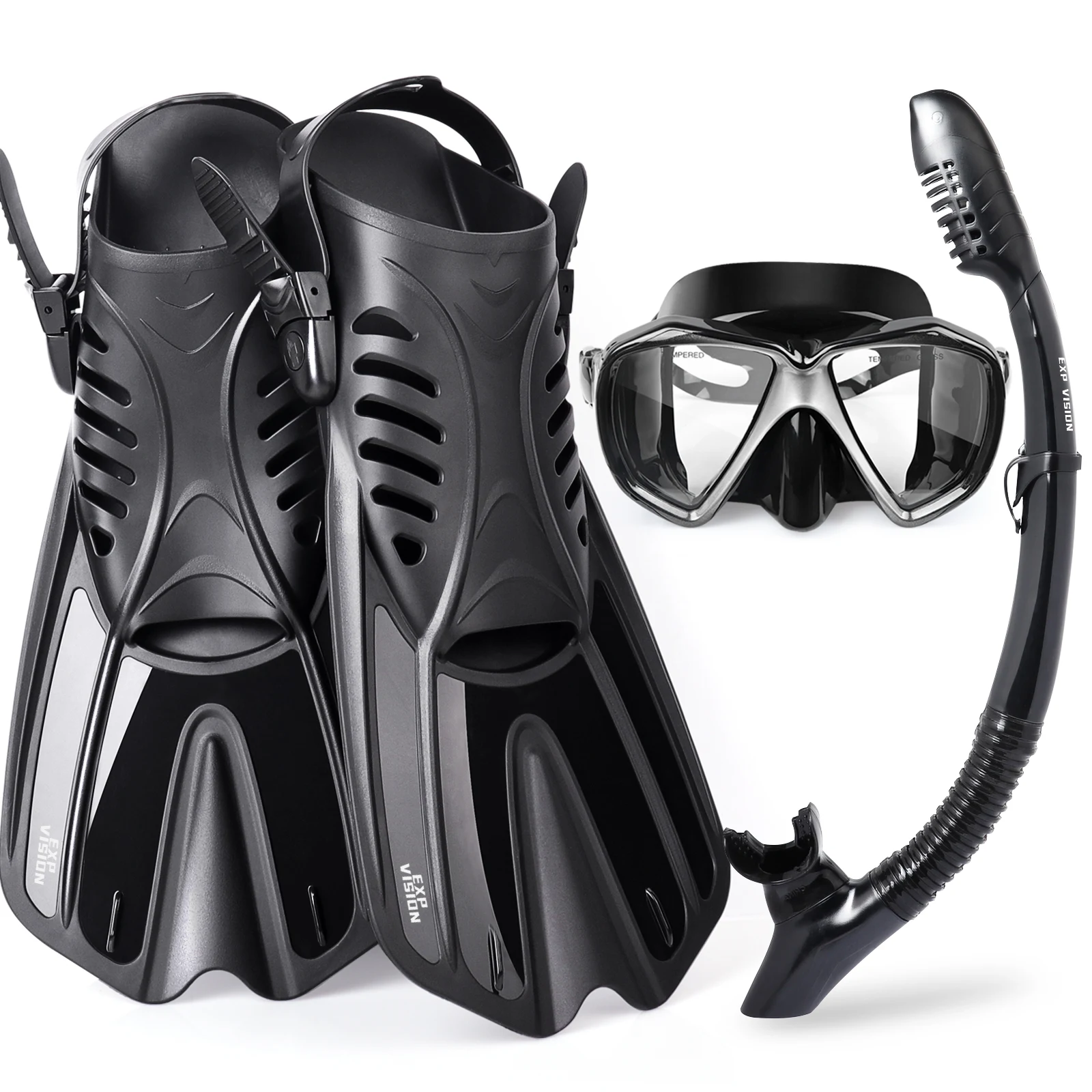 Snorkeling Gear for Adult, Anti-fog Diving Mask, Anti-Leak Dry Top Snorkel and Dive Flippers, Diving Package, 180 °