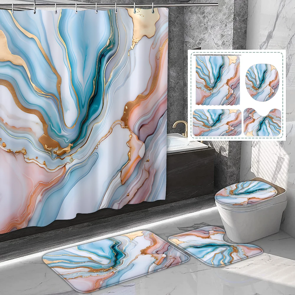 

1 комплект розовых, синих позолоченных мраморных штор для душа с крючками, ковриков для ванной комнаты, принадлежностей для ванной комнаты