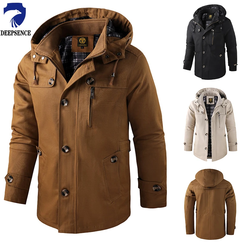 Men's Mid-length Jacket Spring and Autumn Hooded Multi-pocket Slim-fit Wear-resistant Winter Outdoor Work Jacket Men's