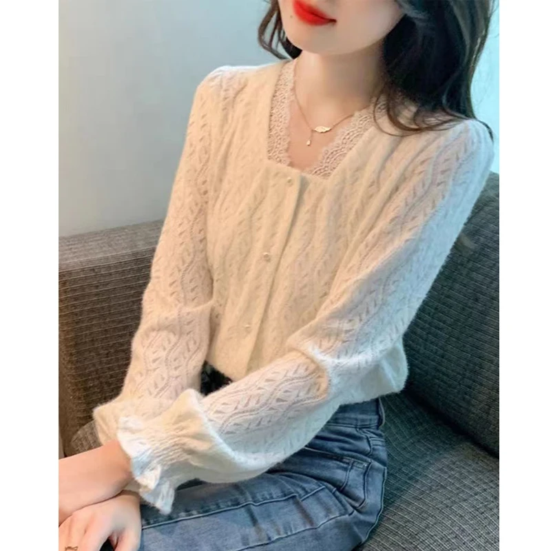 Women French Style Sexy Lace Hollow Beaded Button Chic Tops Autumn Female Trendy Casual White V Neck Long Sleeve Elegant T Shirt