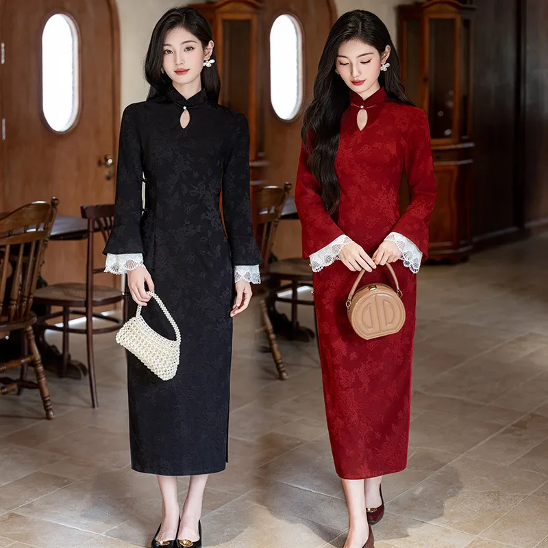 

Водяной воротник, черный, красный, новое китайское осеннее платье Cheongsam с длинными рукавами, улучшенное весеннее платье Ципао для молодых женщин в стиле ретро
