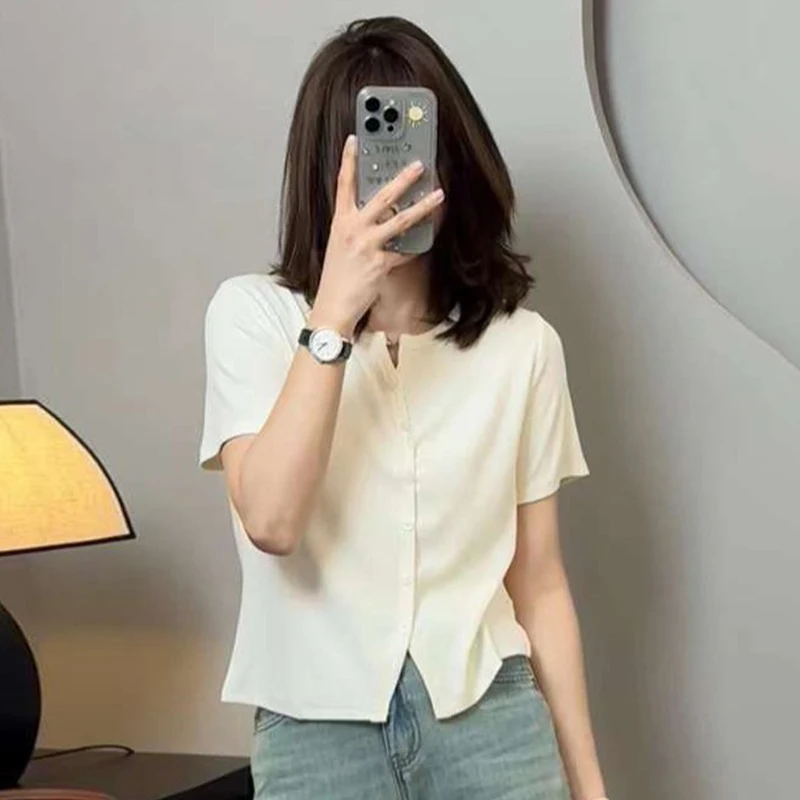 تي شيرت نسائي صيفي بسيط أسود بأكمام قصيرة تي شيرت كريمة باللونين الأبيض والأسود #2