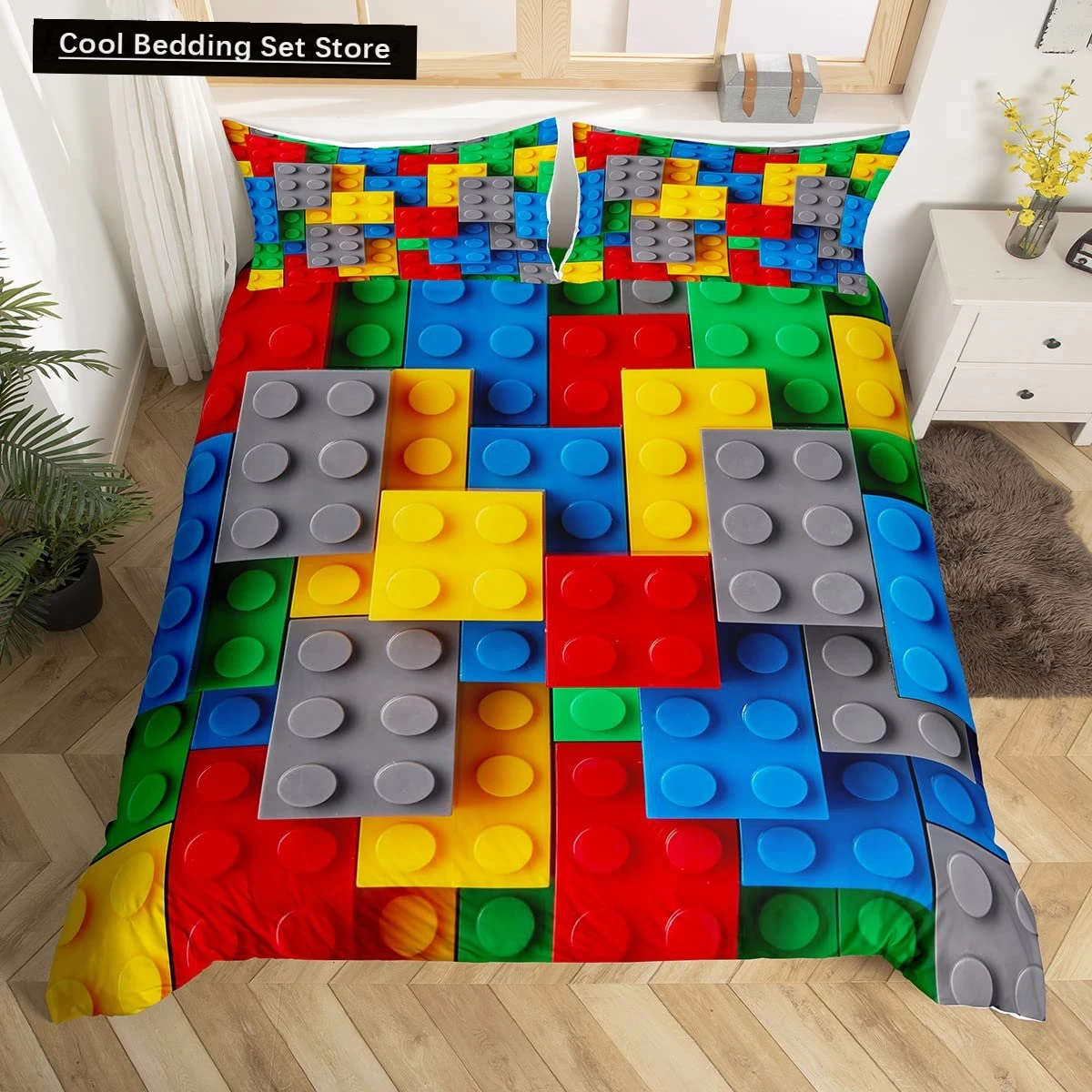 

Colorful Toy King Queen Duvet Cover 3D Building Block Pattern Bedding Set Fun Brick Quilt Cover Gradient Rainbow Comforter Cover