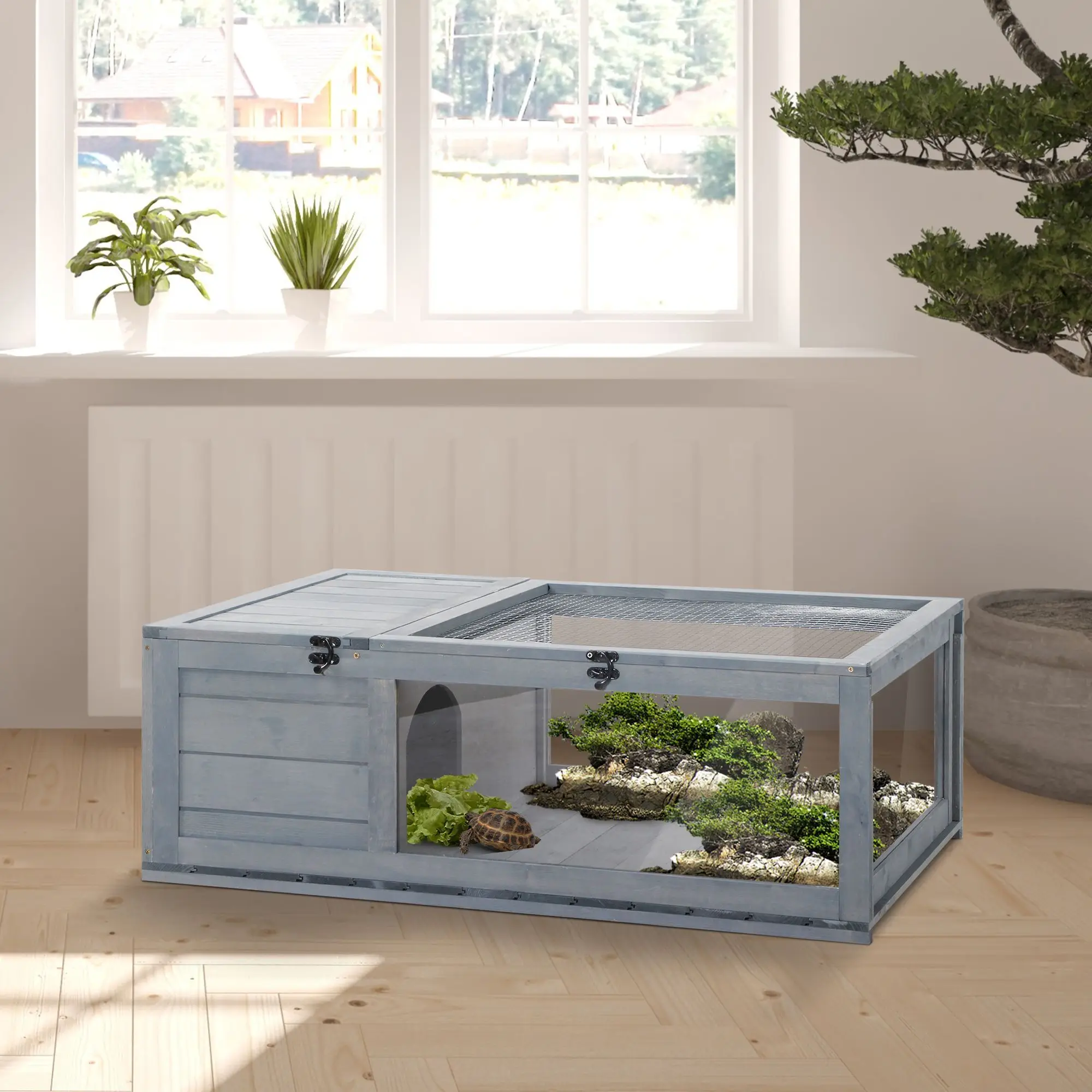 Outdoor reptile enclosure for lizards and geckos, wooden turtle house and indoor habitat, grey, suitable for amphibians