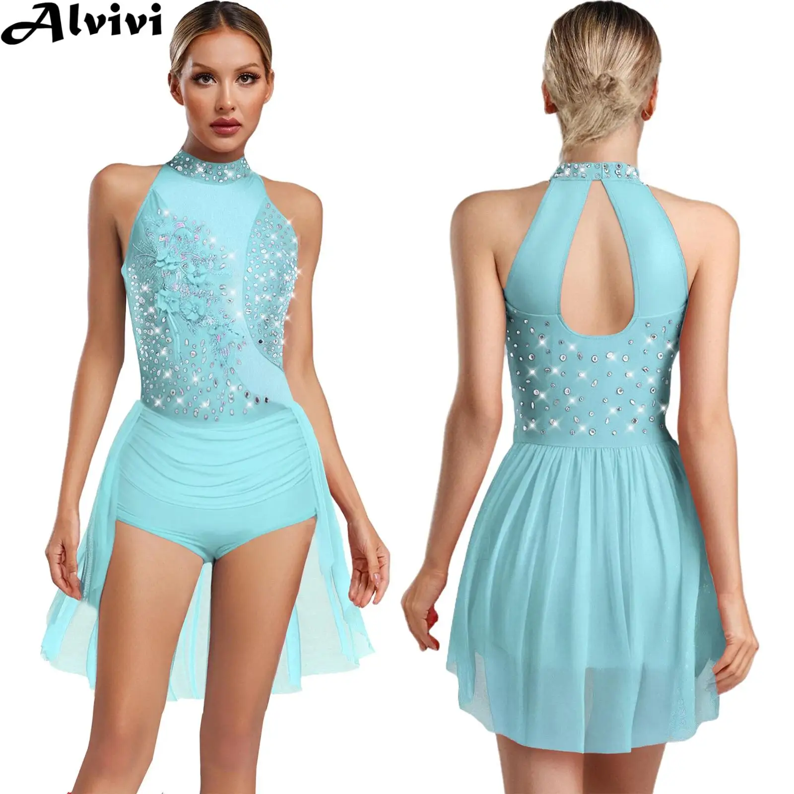 

Women Lyrical Latin Dance Performance Dress Sleeveless Shiny Rhinestone Applique Mesh Bodysuit Figure Skating Gymnastics Costume