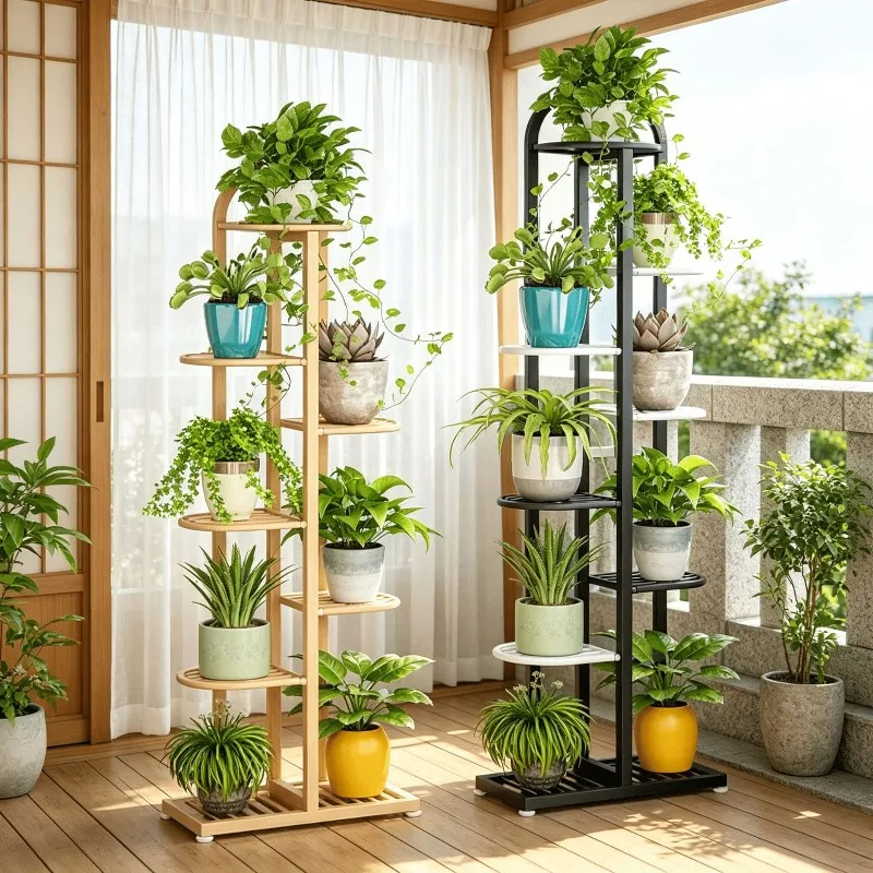 Indoor Multilayer Wrought Iron Plant Stand Floor Standing Shelving Unit Space Saving Balcony Flower Stand with Storage