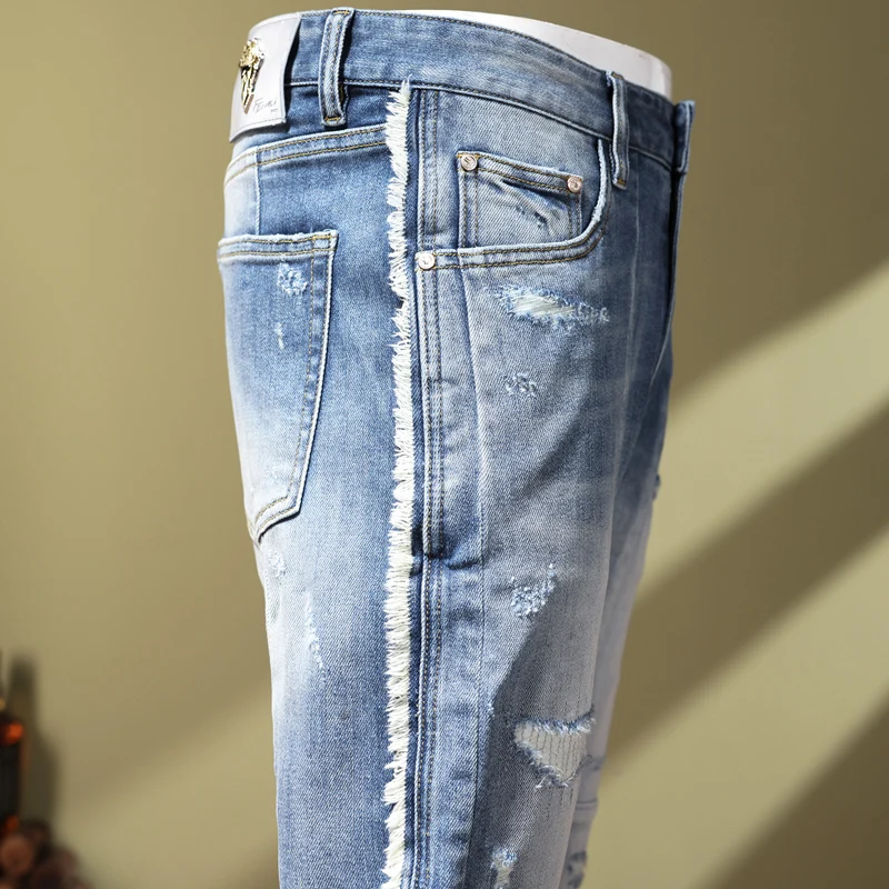 Street Trend Fashion Men Jeans Retro Light Blue Elastic Stretch Skinny Patchwork Ripped Jeans Men Spliced Designer Hip Hop Pants