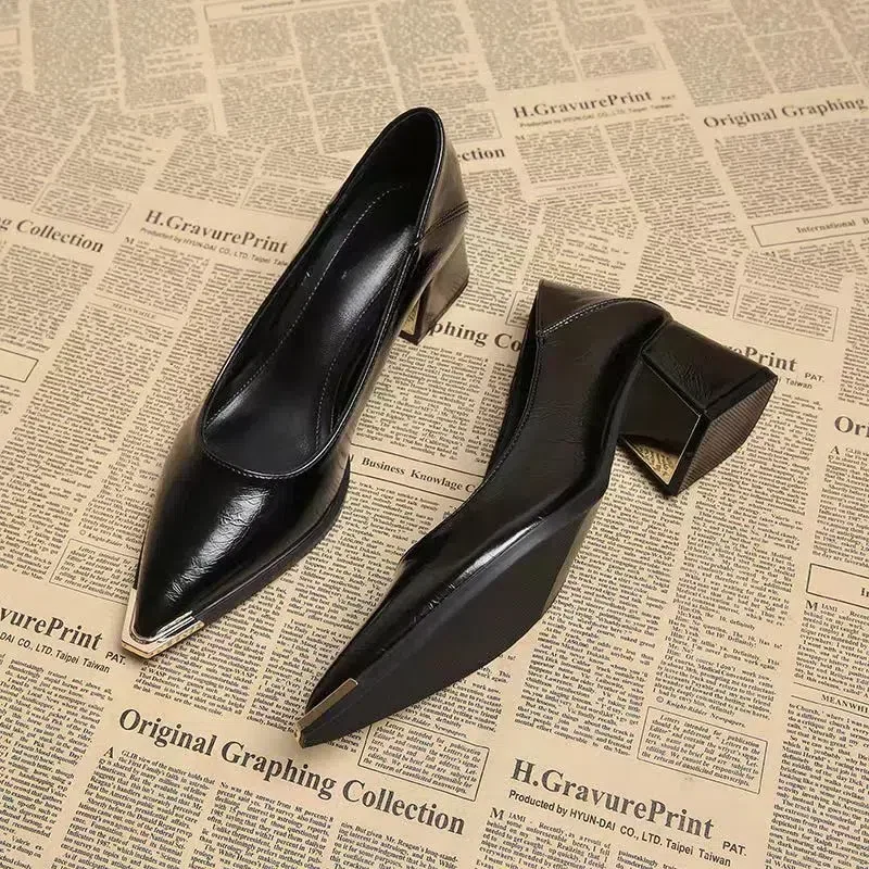 

Дизайнерские кожаные туфли-лодочки премиум-класса на высоком каблуке, французские винтажные туфли-лодочки с острым носком, туфли на массивном каблуке с одним ремешком, декор с пряжкой