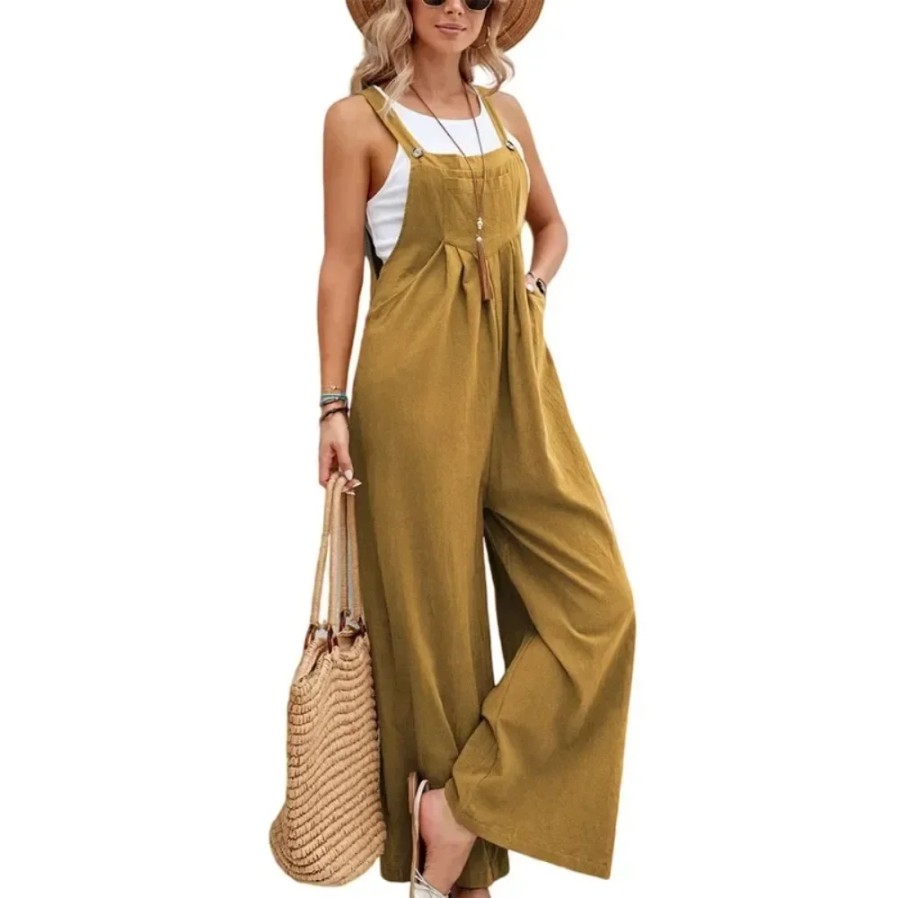 2024 New Summer Women\'s Loose Side Pocket Sleeveless Cotton and Linen Women\'s Dress Jump Suits for Women