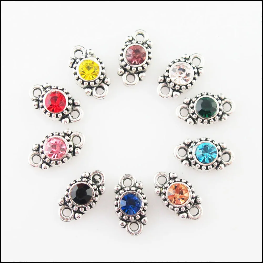 Mode 30 pièces cristal mélangé tibétain argent plaqué rond fleur charmes connecteurs 6.5x11.5mm