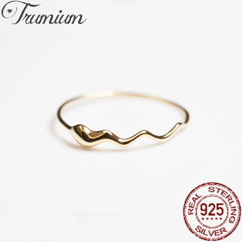 Trumium 100% 925 Sterling Silver Water Droplet Wave Rings for Women Minimalist 18k Gold Plated Stacked Rings Fine Jewelry