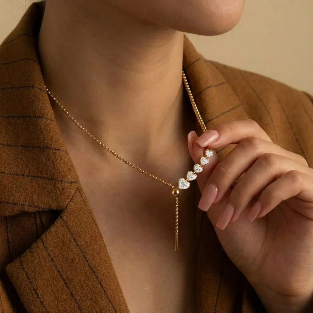 Vergoldete Kupfer-Anhänger-Halskette, Verstellbare Perlen-Liebeskette für Damen, Eleganter Alltags- und Hochzeitsschmuck als Geschenk – Detail 3