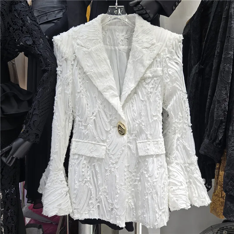 WTHT 2026 Spring Fashion Women's Spliced Irregular Wrinkled Design Slim Blazer Trendy Bell Sleeve Lapel Jacket Female 1LS3028