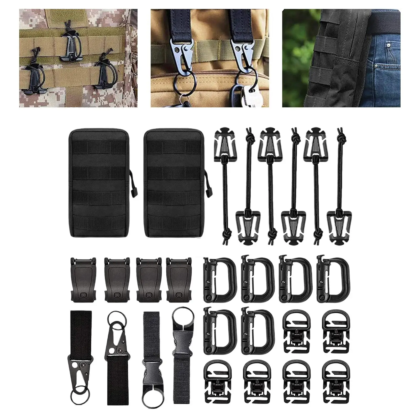 Tactical Molle Accessories Set Locking Gear Clip with Molle Pouches D-Ring